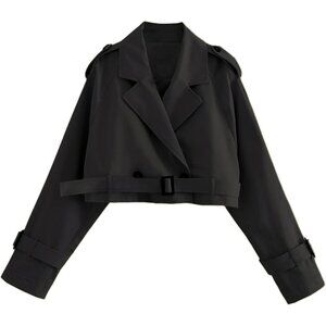 Women's Cropped Bike Jacket Casual Double Breasted Trench Coat with Belt Black